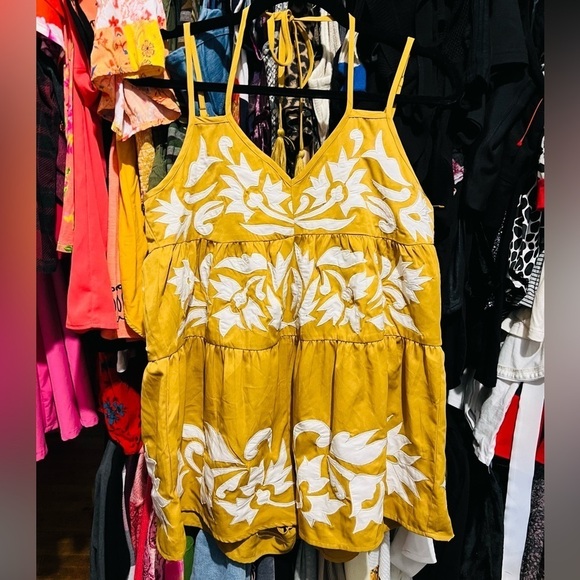 Free People Mustard Yellow Gold and White Detailed Romper - Picture 2 of 14